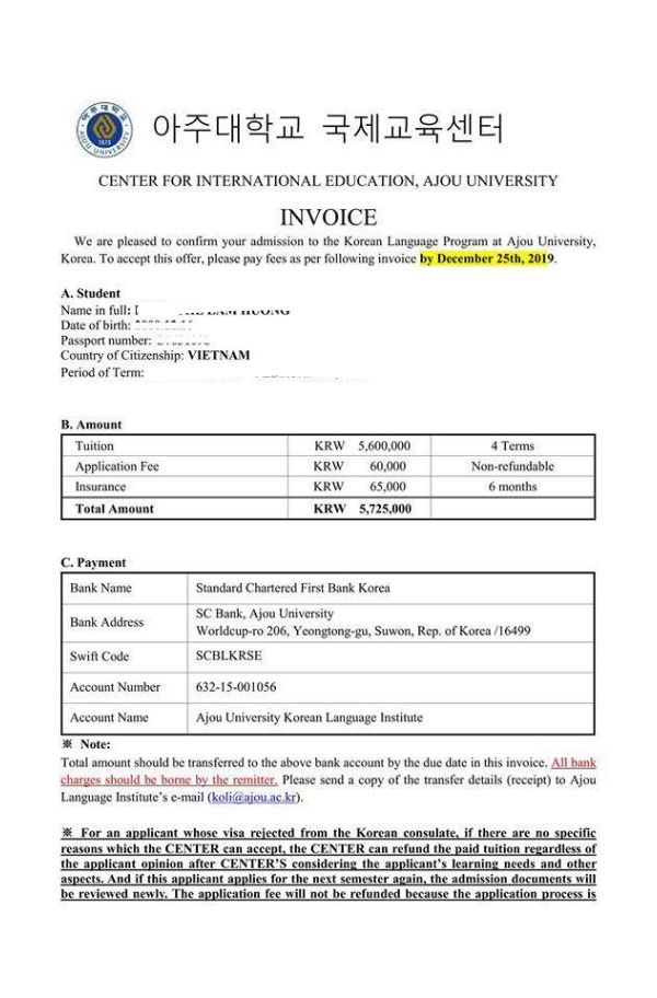Invoice khóa tiếng Hàn trường Đại học Ajou
